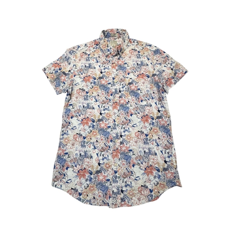 J.Crew Mens Slim Floral Button Down Shirt Small White Blue Organic Resort Summer